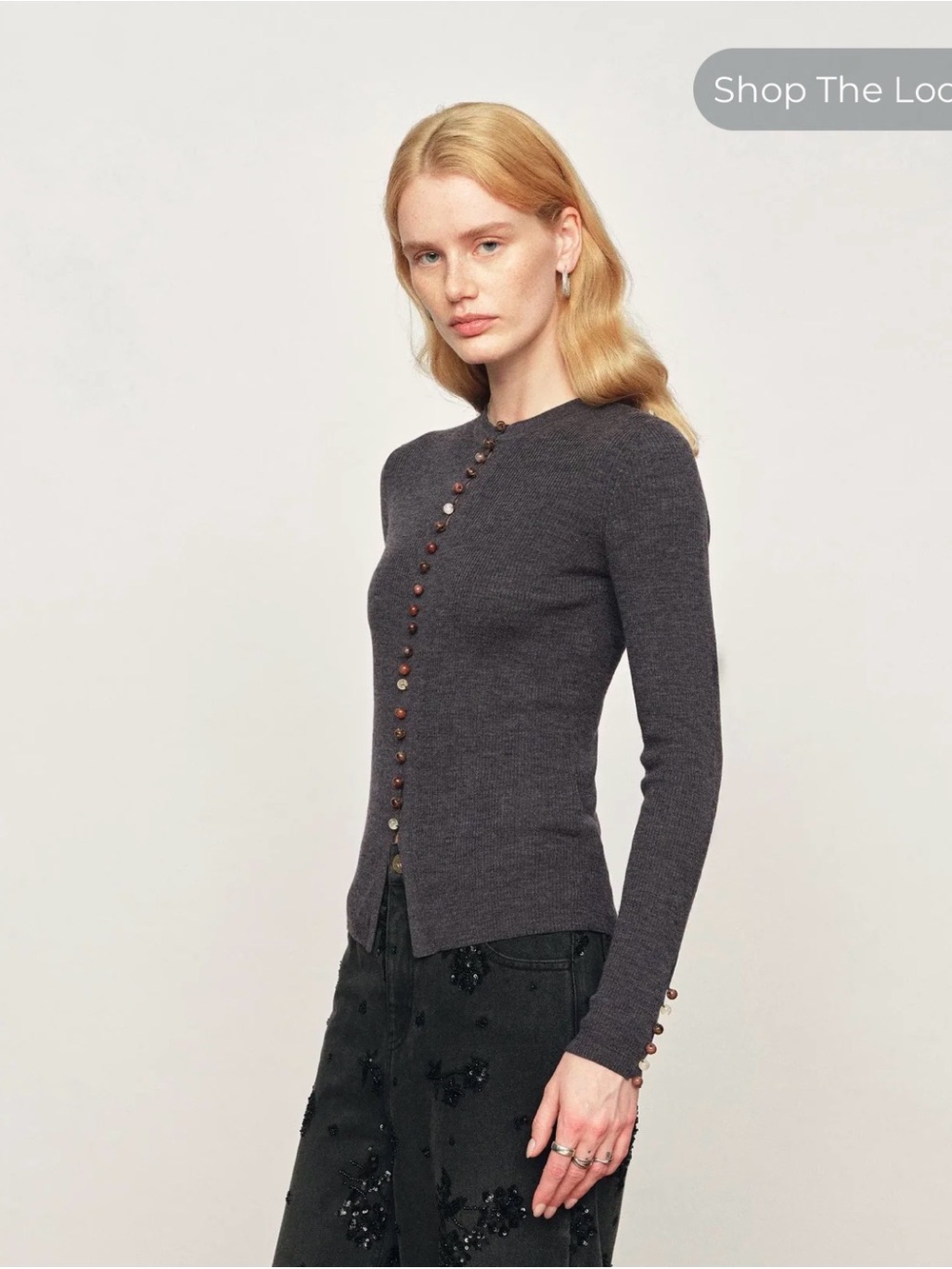 Kaia Hand Sewn Buttons Fitted Grey Cardigan in Merino Wool Knit